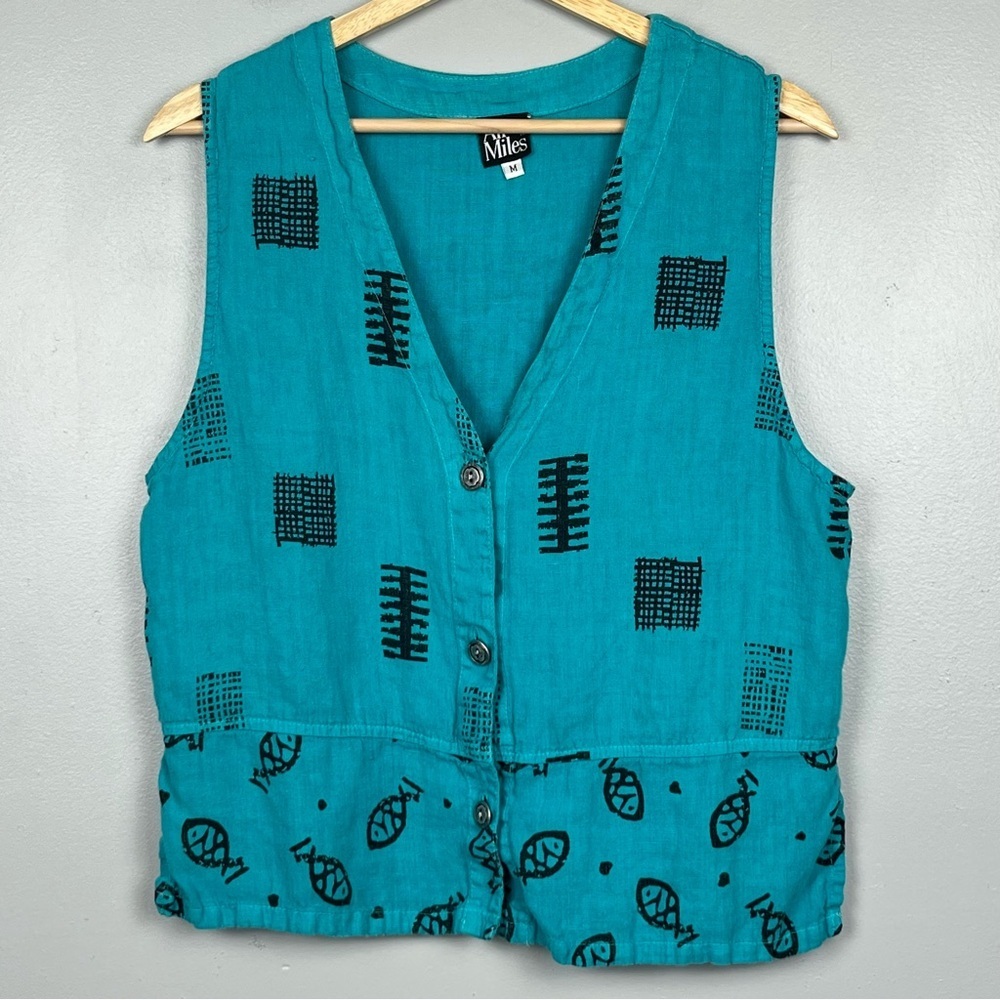 Ali Miles teal linen button front fish print lagenlook vest, medium.
